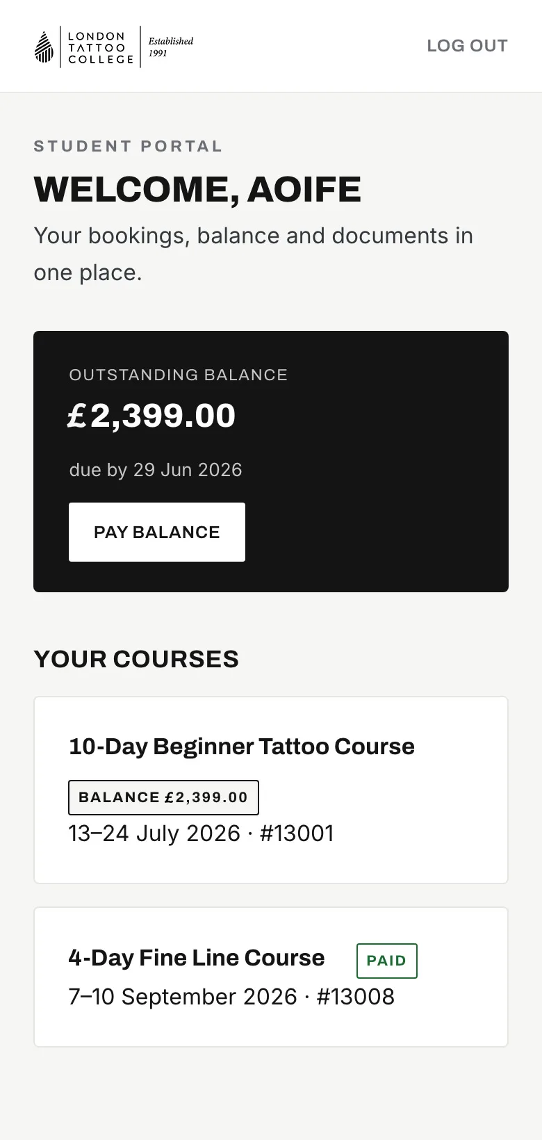 The Glasgow Tattoo College student portal open on a phone, showing a course balance and upcoming dates